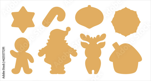 Christmas symbols icon set. Simple patterns of festive gift tag cut shape. Label die cutting silhouette template. Xmas sugar cookie cutter shapes. Gingerbread man, house, Santa Claus, reindeer.