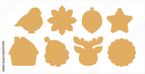 Christmas symbols icon set. Simple silhouettes of Xmas objects - gingerbread, house, bird, star, smowflake, santa, deer, reindeer head. Sugar cookie cutter shapes or tag label die cutting template.