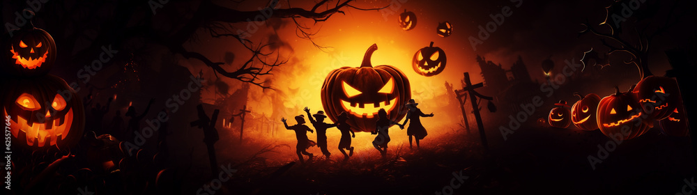 Halloween for children banner, children have fun with giant pumpkin, illustration Halloween for children banner, children have fun with giant pumpkin, illustration