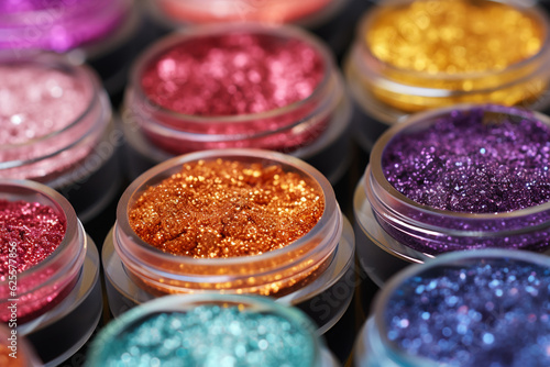 close up texture of glitter eye shadows in plastic containers Y2K aesthetic, AI generated