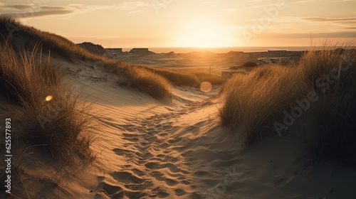 Dunes landscape during sunset at the beach.