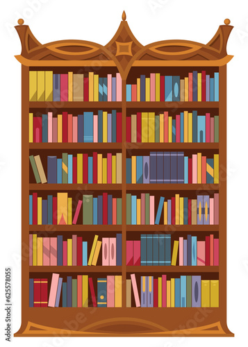 Library interior with bookcases, book shelves. Interior luxury library with wooden furniture. Cozy place for litareture collection. Vector illustration