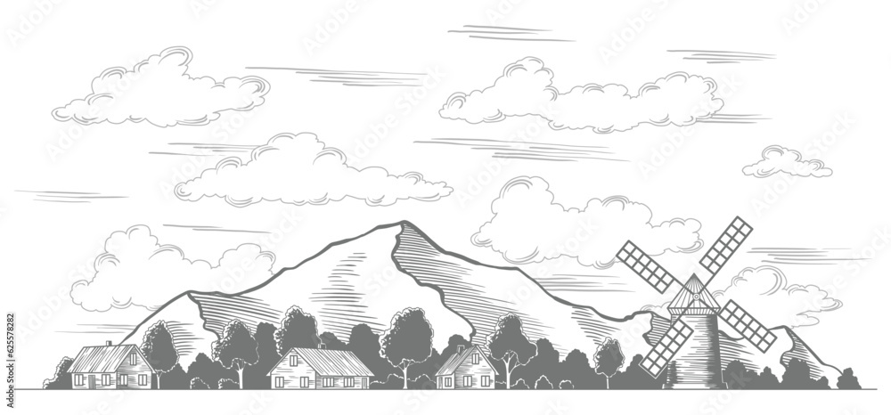 Rural landscape. Vintage meadow with high mountains and clouds, village vintage sketch. Hand drawn farm land vector illustration