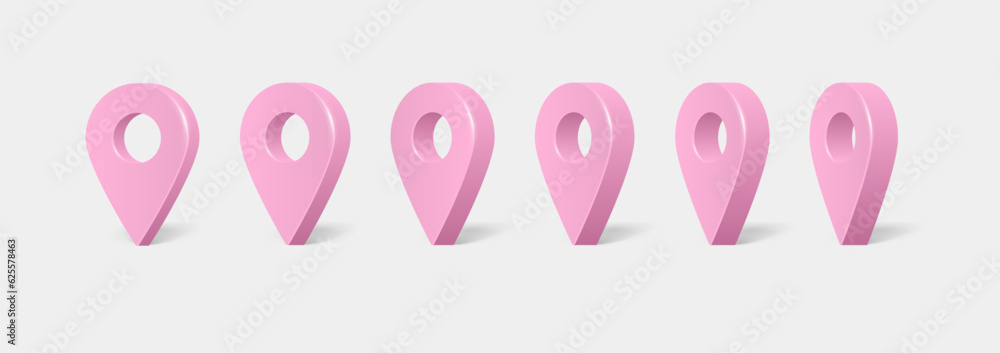Shiny pink realistic map pointers vector set in various angles. Realistic location map pin gps pointer markers. Map pointer 3d pin. Vector illustration for destination Shiny pink realistic map pointers vector set in various angles. Realistic location map pin gps pointer markers. Map pointer 3d pin. Vector illustration for destination