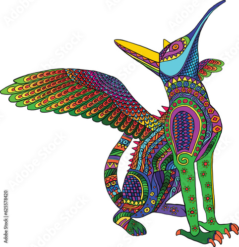 mexican colourful alebrije of colibri and cat