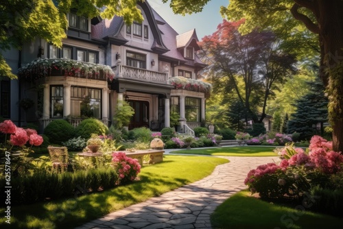 Gorgeous mansion with stunningly designed gardens illuminated by the suns rays on a bright and cheerful day. The outside appearance of the house.