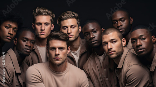 A group of different races and nationalities men wearing makeup.