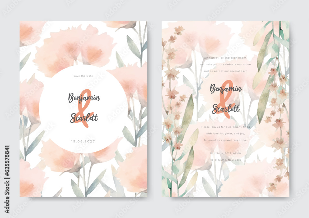 Elegant nude lily watercolor floral background border and wreath card design. Rustic theme wedding card invitation.