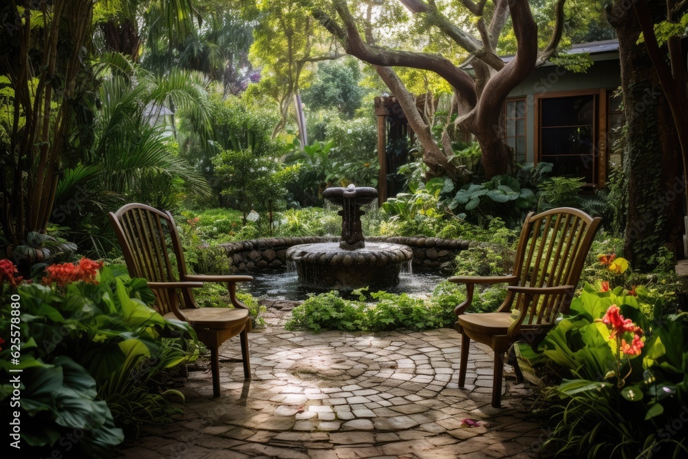 Obraz premium There is a wooden chair placed on a patio surrounded by a lush green garden, featuring a fountain within the house. This garden is situated outside.