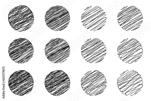 Set of different drawn scribble circle grunge effect. Black hatched circle, texture sketch on the white backdrop. For covers, flyers, cards decoration. Vector illustration.