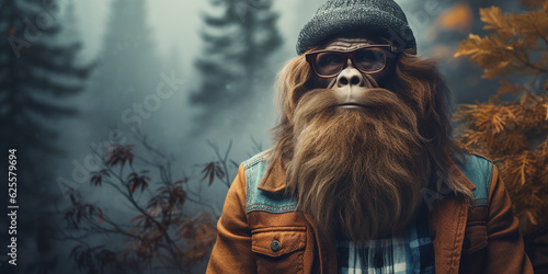 Hipster Bigfoot portrait dressed in clothing. Conceptual liberal Sasquatch disguised in human clothes. photo