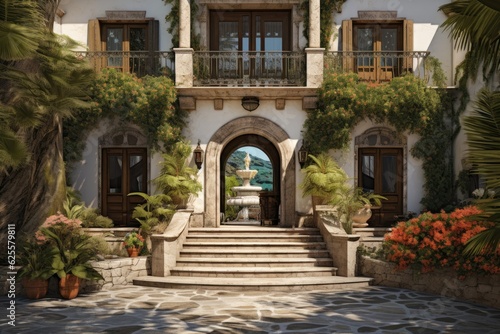 Outdoor view of a three story villa depicting the entrance doorway © 2rogan