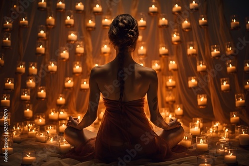 A powerful image of a yogi in deep meditation  surrounded by the soft glow of candlelight.  The image portrays a sense of serenity and deep spiritual connection.