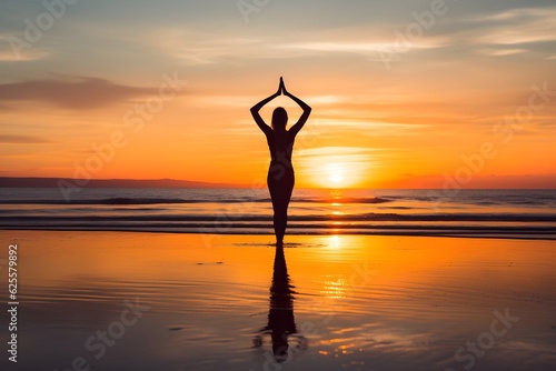 An inspiring image of a person practicing yoga on a beach at sunrise. This image represents peace, tranquility, and the idea of greeting the day with mindfulness and balance.