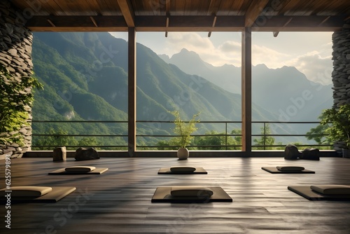 A captivating image showing a yoga retreat with practitioners performing poses, 
with a breathtaking mountainous landscape in the background. It illustrates the concept of retreat, rejuvenation, and c