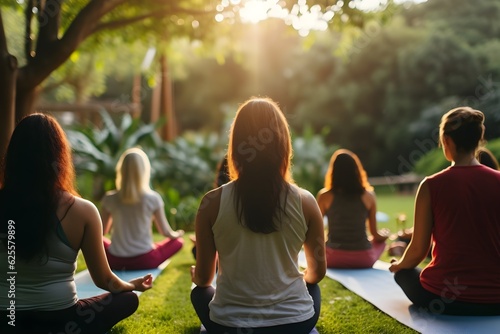An inclusive image showcasing a diverse group of people of different ages, sizes, 
and ethnicities practicing yoga together in a park, representing unity and wellness.