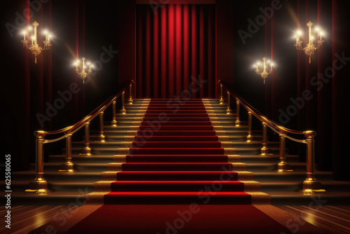 Red Carpet Bollywood Stage, Maroon Steps Spot Light Backdrop of the Golden Regal Awards, generative AI
