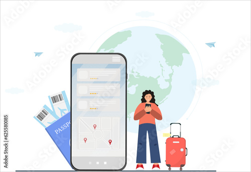 Person booking hotel using mobile app, online hotel reservation, tourist traveling concept, flat vector illustration