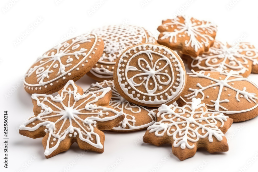 Home made Christmas gingerbread cookies on white background. generative AI. Home made Christmas gingerbread cookies on white background. generative AI.