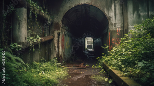 Entrance gate of concrete tunnel, part of abandoned underground submarine base.