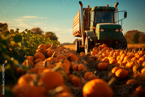 Pumpkin field with a tractor during the harvest. AI generated