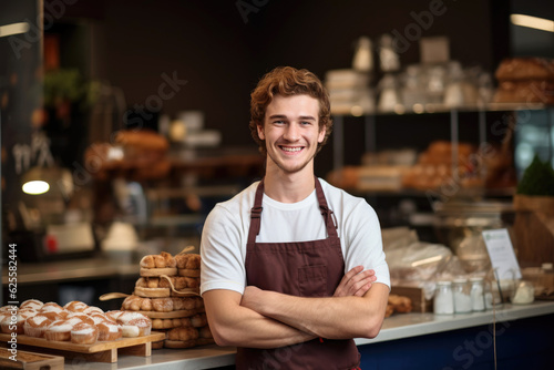 Young smiling man wearing apron standing behind bakery counter. Generative AI