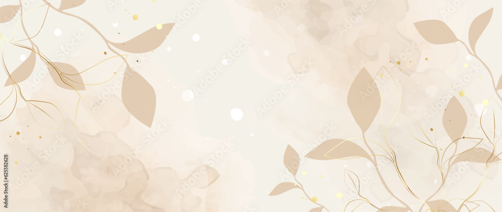 Autumn leaves on watercolor vector background. Abstract wallpaper design with leaves, line art, gold. Elegant autumn season botanical illustration suitable for fabric, prints, covers