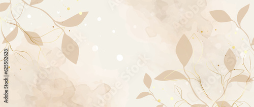 Autumn leaves on watercolor vector background. Abstract wallpaper design with leaves, line art, gold. Elegant autumn season botanical illustration suitable for fabric, prints, covers