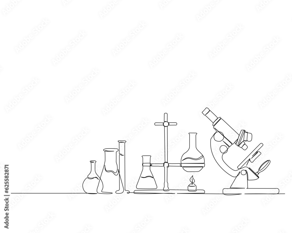 Continuous one line drawing of microscope and laboratory test tube. Microscope line art vector