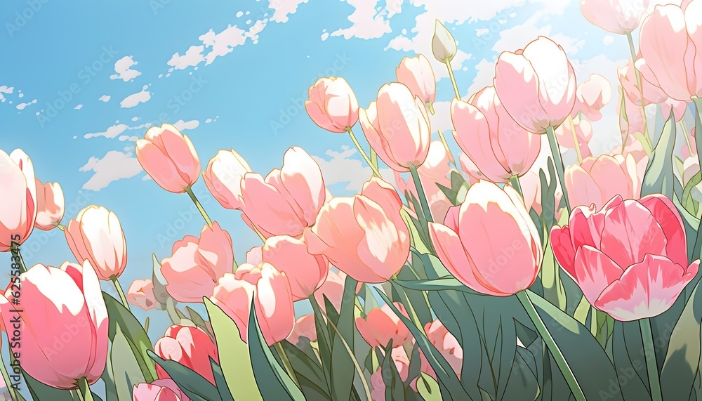 Fototapeta premium Pink tulips flowers on blue sky background in the style of anime and manga. Generative Ai