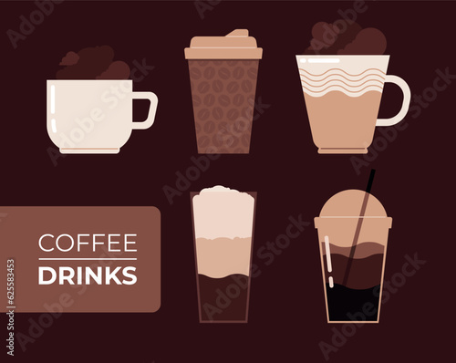 Flat vector minimalist collection of coffee drinks illustrations in brown colors