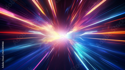 Light speed, hyperspace, space warp background with colorful streaks of light gathering towards the event of horizon