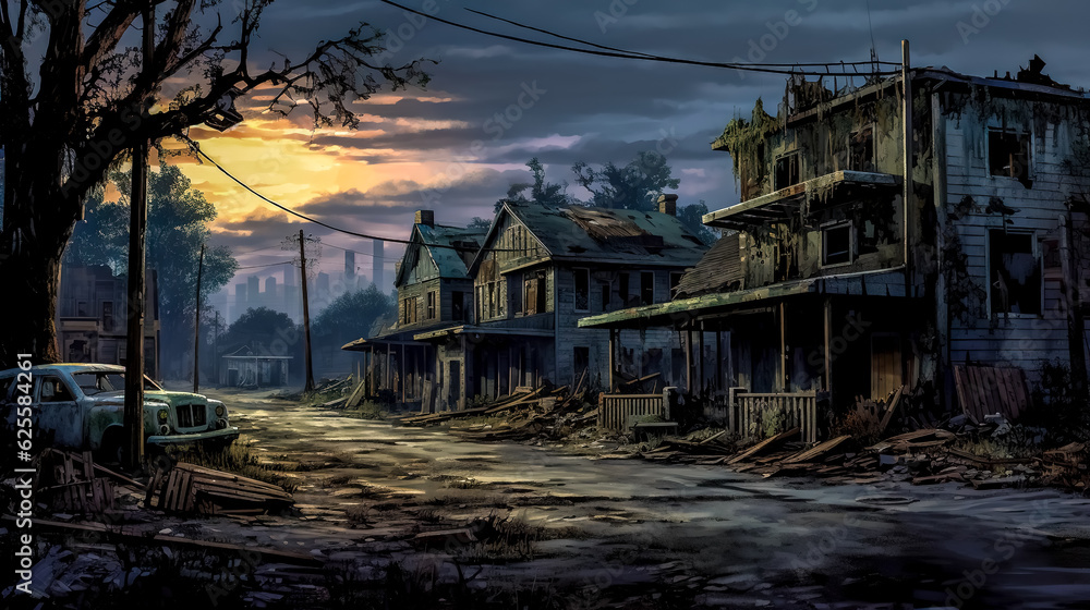 old abandoned houses in haunted city, made with Generative AI old abandoned houses in haunted city, made with Generative AI