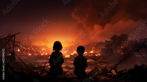 Silhouette of a two children watching over their burned down hometown