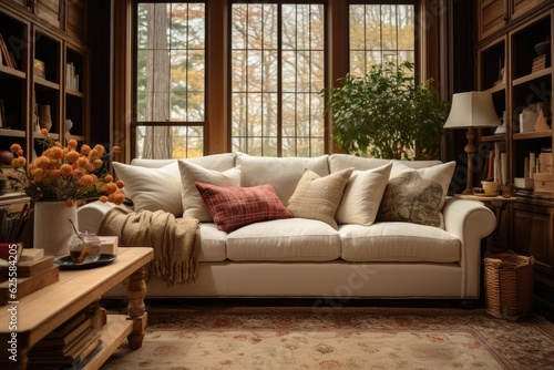 A comfortable sofa is situated within a cozy and inviting living room space. © 2rogan