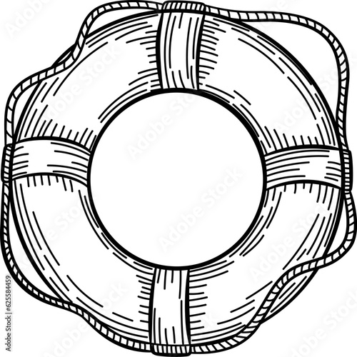 Lifebuoy with rope isolated sketch. Hand drawn life ring in engraving style.