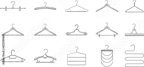 Set of retro coat hanger in vintage engraved style. Wooden, plastic and metal sketch of coat hangers collection.