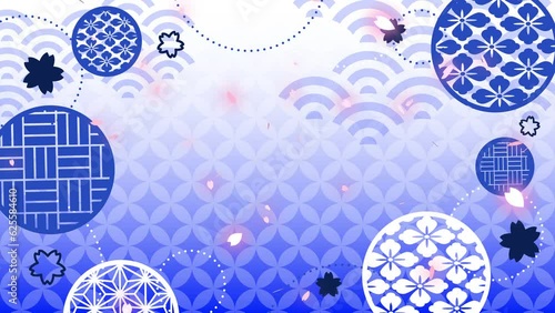和柄の円形装飾が回転して桜が舞う　和風なアニメーション背景（青）