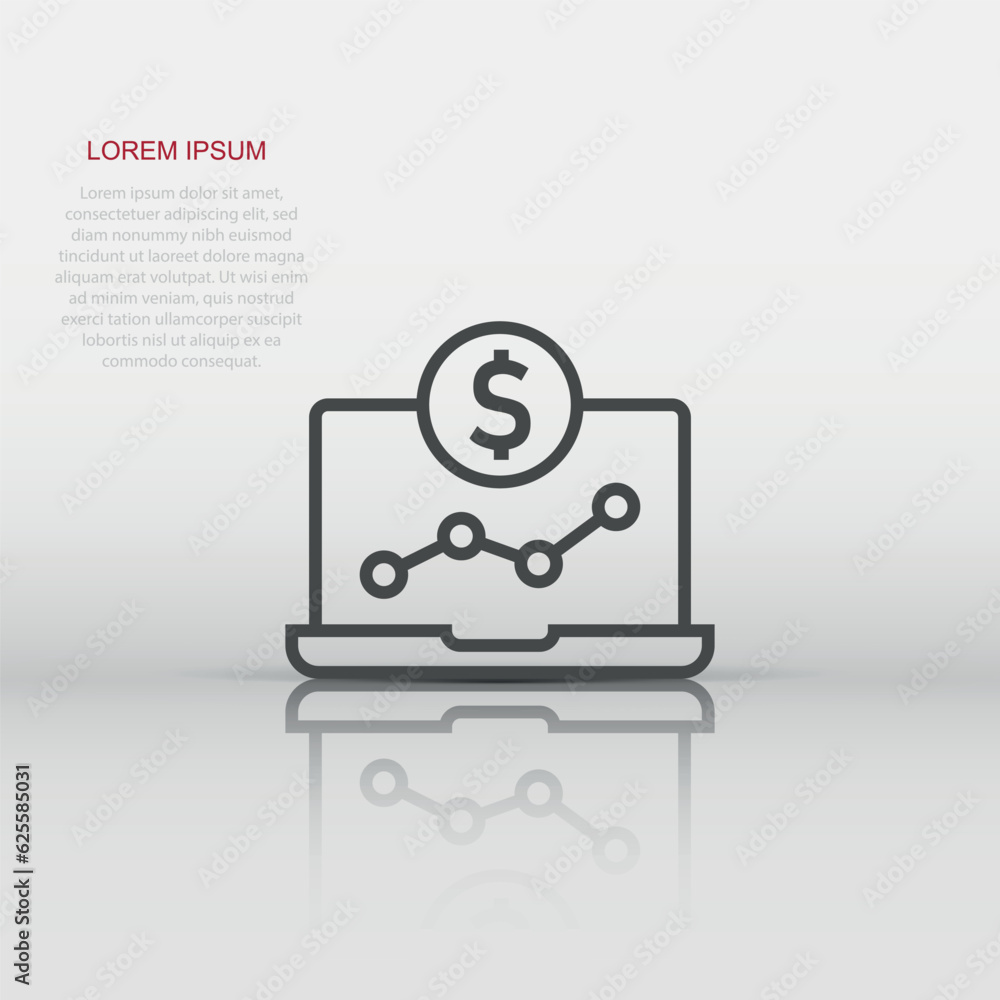 Laptop computer chart icon in flat style. Money diagram vector illustration on white isolated background. Financial process business concept. Laptop computer chart icon in flat style. Money diagram vector illustration on white isolated background. Financial process business concept.