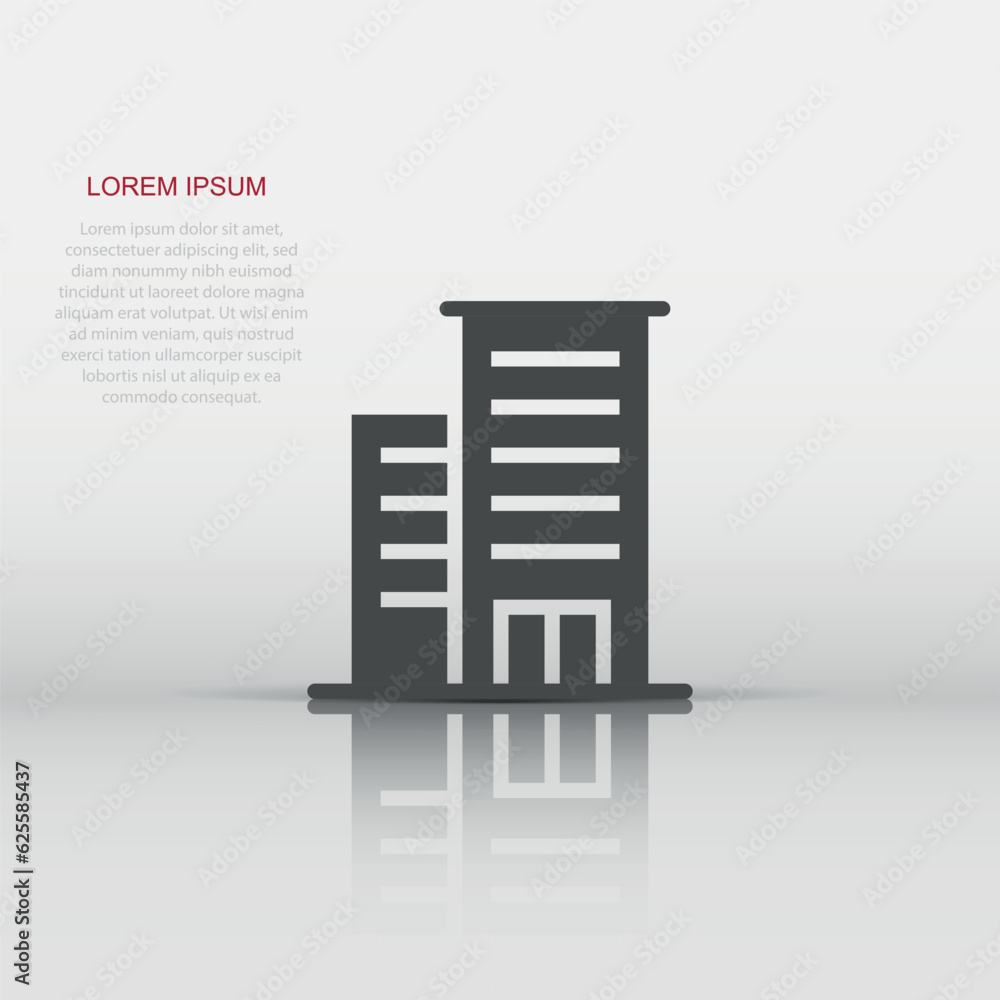 Building icon in flat style. Town skyscraper apartment vector illustration on white isolated background. City tower business concept.