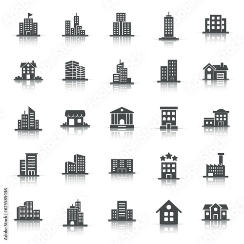 Building icon set in flat style. Town skyscraper apartment vector illustration on white isolated background. City tower business concept.