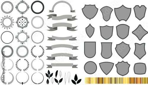 Vector set for logo design. Contains laurels with different leaves and feathers. various shields Label for ribbon shape text, golden tone gradation