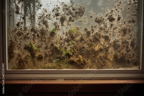 The presence of black mold fungus on the windowsill indicates a issue with moisture. This is likely caused by condensation forming on the window. photo