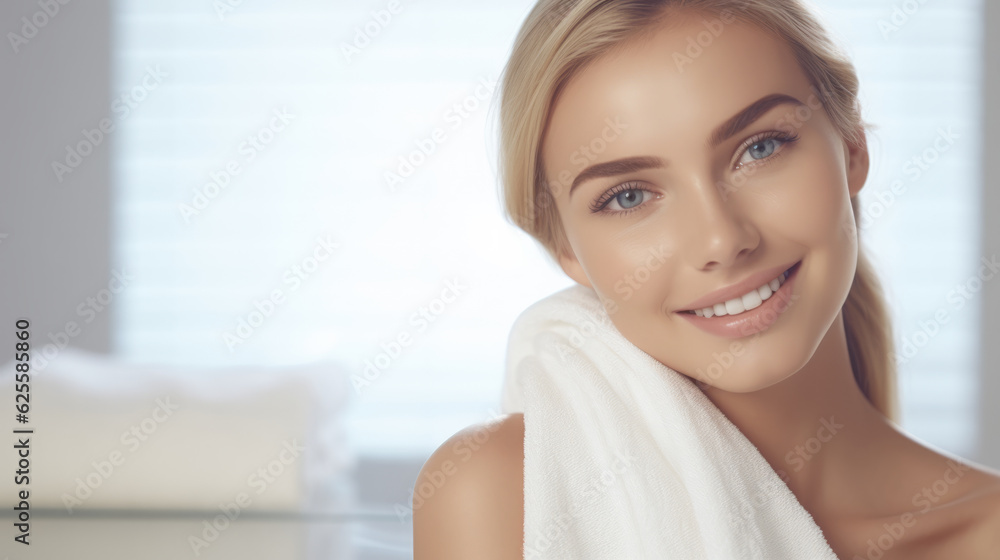 Beautiful young blonde woman portrait wearing only a white towel