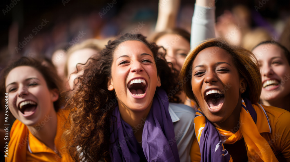 Female Football sports supporters in action with diverse group of enthusiastic women, donning their team colors, cheering at stadium Female Football sports supporters in action with diverse group of enthusiastic women, donning their team colors, cheering at stadium