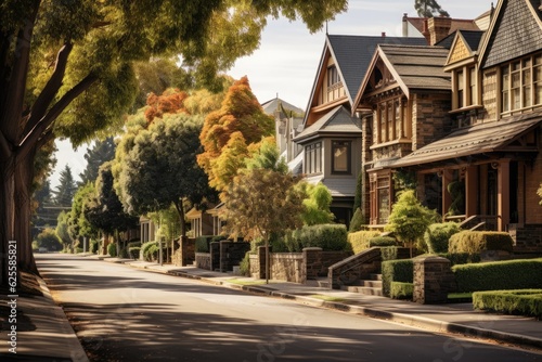 A peaceful residential neigbourhood street in Melbourne, VIC Australia, showcasing two story houses and exemplifying the quintessential suburban scenery. photo