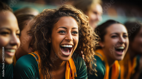 Female Football sports supporters in action with diverse group of enthusiastic women  donning their team colors  cheering at stadium