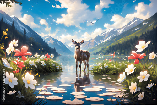 Fantasy forest art realistic natural with deer and flowers
 photo