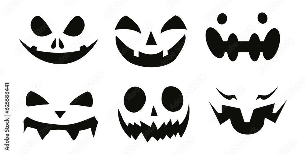 Pumpkins. Faces of pumpkins, Set of faces of patterns for pumpkins. Halloween, holiday. Autumn, season. Boo! Silhouette, black shadow. Frightening, shadow theater. Template for cutting Pumpkins. Faces of pumpkins, Set of faces of patterns for pumpkins. Halloween, holiday. Autumn, season. Boo! Silhouette, black shadow. Frightening, shadow theater. Template for cutting