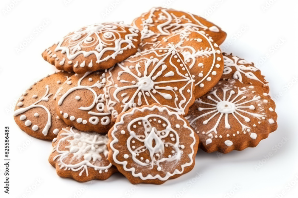 Home made Christmas gingerbread cookies on white background. generative AI.